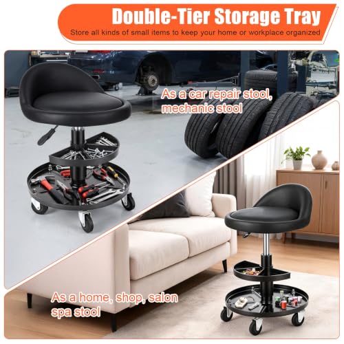 Height Adjustable Rolling Mechanic Perch with Backrest, 360° Swivel Wheeled Work Bench with Dual Tier Tool Storage Tray, 300Lbs Heavy-Duty Padded Work Seat for Garage Auto Repair Salon Tattoo Black