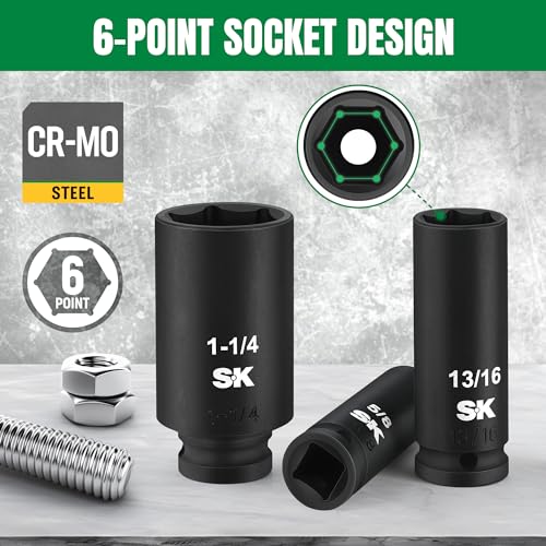 SK 1/2" Drive Impact Socket Set, Deep SAE Sockets, 13-Piece 7/16" to 1-1/4", Premium CR-MO Steel, SureGrip 6 Point Design, With Storage Case - size: SAE