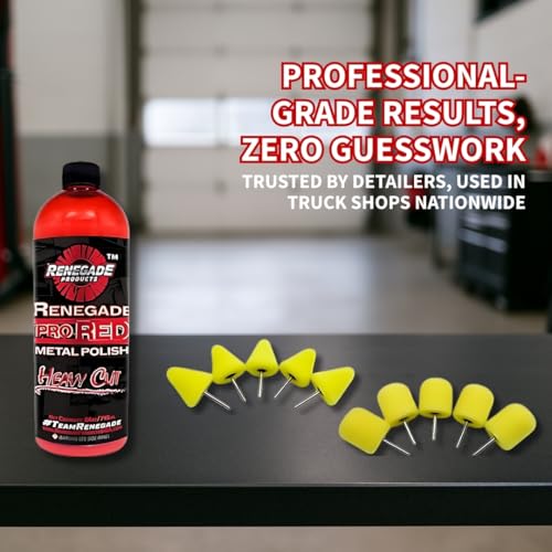 Renegade Products Wheel Window Polishing Bundle – Pro Red Liquid Metal Polish with 1/8" Foam Polishing Cones & Barrels – Drill Attachment Kit for Aluminum & Stainless Steel for Wheels & Tight Spaces
