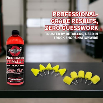 Renegade Products Wheel Window Polishing Bundle – Pro Red Liquid Metal Polish with 1/8" Foam Polishing Cones & Barrels – Drill Attachment Kit for Aluminum & Stainless Steel for Wheels & Tight Spaces