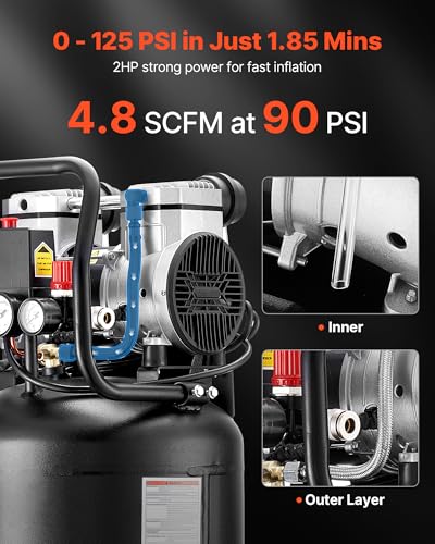 VEVOR 10-Gallon Air Compressor, 2HP 4.8 SCFM at 90PSI, Max 125PSI Pressure Oil-Free Air Compressor Tank, Portable on Wheels for Auto Repair, Tire Inflation, Spray Painting, Woodwork Nailing, 120V - size: 10-Gallon