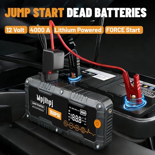 Jump Starter with Air Compressor, 4000A Portable Car Battery Jump Starter (10L Gas/8L Diesel), 12V Jump Pack with 150PSI Auto-Shutoff Tire Inflator, LED Light, Gloves & Car Emergency Kit - color: BLACK