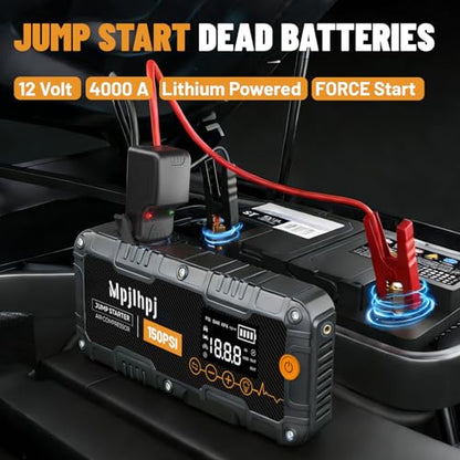 Jump Starter with Air Compressor, 4000A Portable Car Battery Jump Starter (10L Gas/8L Diesel), 12V Jump Pack with 150PSI Auto-Shutoff Tire Inflator, LED Light, Gloves & Car Emergency Kit - color: BLACK