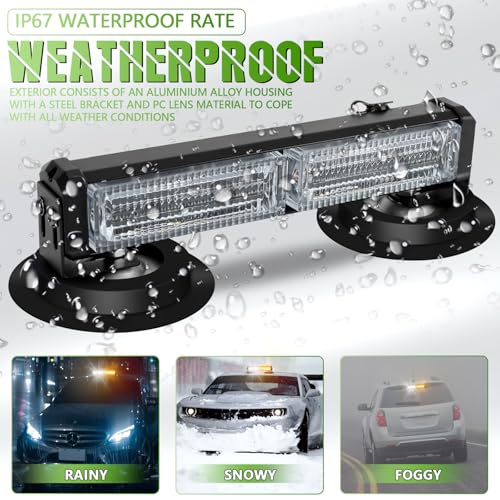 20LED Mini LED Emergency Strobe Lights Bar, Battery Powered Wireless Rooftop Magnetic Beacon Warning Light, with 12V Rechargeable Plug Safety for Trucks, Vehicles and Snowplow (Amber White)