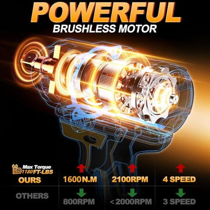1600Nm Impact Wrench, 1/2" 1180ft-lbs Cordless Impact Gun with 1 x 8.0Ah Battery, 21V High Torque Power Impact Driver with 6 Sockets， Pistola Llave De Impacto for Truck RV Car Heavy Construction
