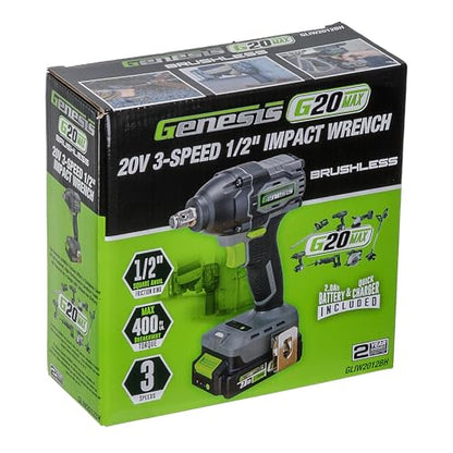 Genesis 20V Brushless Impact Wrench 1/2" 3 Speed with Battery, Charger, 400 ft lbs, 540 N.M Max Torque (GLIW2012BH)