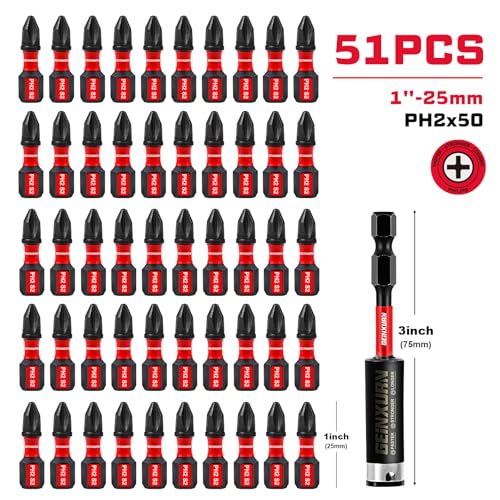 Geinxurn Impact Tough #2 Phillips 1 in. Insert Driver Bits,50Pack PH2 Screwdriver Bits Set with 1Pcs Impact Bit Holder,Bulk - size: 1"-PH2-51PCS