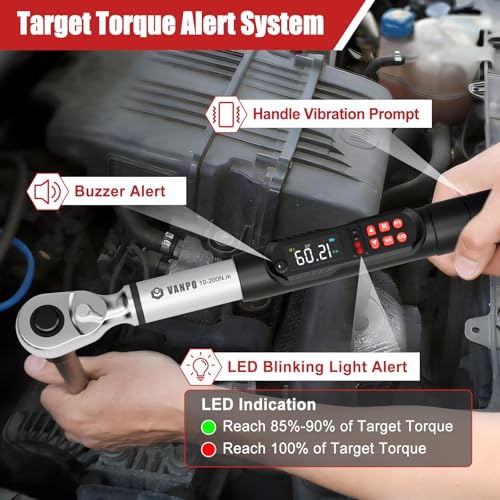 VANPO 1/2 Drive Digital Angle Torque Wrench 7.4-147.5 Ft.lb, ±2% Accuracy | 10-200 Nm Electronic Torque Wrench, Buzzer LED Vibration Alarm, Perfect Tools for Tire Lug Nuts & Car Engine Repair - size: 7.4-147.5 ft.lb/10-200 N.m (1/2-Inch)