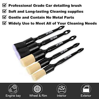 BMLEI 5pcs Car Detailing Brushes Set, Boars Hair Auto Car Detail Brush Kit | No Scratch, Ultra Soft Car Duster Brushes，Perfect for Interior, Exterior Cleaning, Wheels,Tires,Leather Seats