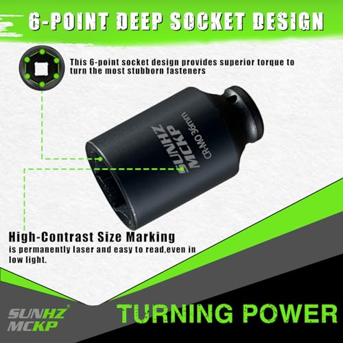 SUNHZMCKP 36mm Socket | 1/2” Drive Deep Impact Socket | 6 Point |CR-MO | Spindle & Axle Nut Impact Grade Socket for Easy Removal (METRIC 36 mm) - color: Metric, size: 36 mm