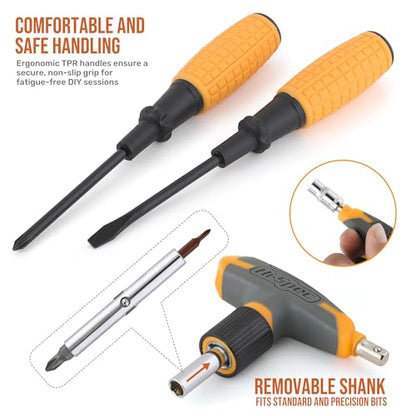 Hi-Spec Magnetic T-Handle Ratchet Wrench and Screwdriver Set with Toolbox | 30pc, socket and wrench coverage, roadside fixes, organized box, garage maintenance help, bike and vehicle tasks, quick setup - color: Yellow