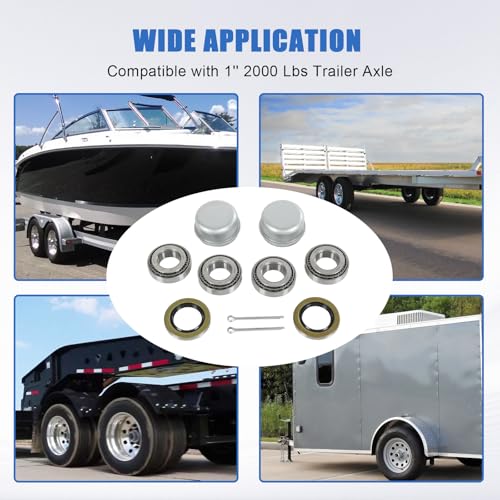 2 Sets Trailer Wheel Hub Bearings Kit L44643/L44610 Bearings (1.000" ID, OD 1.980", Width 0.580"), 12192TB Grease Seals (1.980" OD), Dust Cover and Cotter Pin for 1'' Trailer Axles