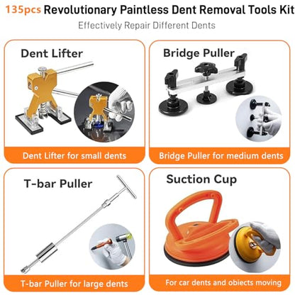 135pcs Dent Puller Kit, Paintless Dent Removal Kit for Dent Repair, Car Dent Repair Kit with T-Bar, Bridge Puller, Golden Lifter, Car Dent Remover for Car Refrigerator Door Ding Repair