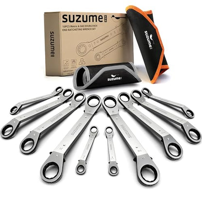 SUZUME Offset Ratcheting Wrench Set, 10-Piece Metric & SAE (6–21mm, 1/4″–7/8″) Double Offset Reversible Box End, 25° for Tight Engine Bay Repairs, Rolling Pouch - size: SAE & Metric