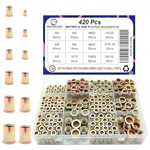 420 Pcs Metric and SAE Rivet Nut Kit, M3 to M10, 6#32 to 3/8 | Zinc-Plated Carbon Steel, M3-0.5 M4-0.7 M5-0.8 M6-1.0 M8-1.25 M10-1.5, 6#32 8#32 10#24 1/4-20 5/16-18 3/8-16 - size: M & SAE Kit (420 Pcs)