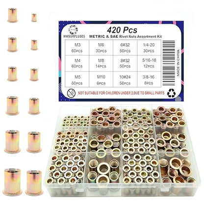 420 Pcs Metric and SAE Rivet Nut Kit, M3 to M10, 6#32 to 3/8 | Zinc-Plated Carbon Steel, M3-0.5 M4-0.7 M5-0.8 M6-1.0 M8-1.25 M10-1.5, 6#32 8#32 10#24 1/4-20 5/16-18 3/8-16 - size: M & SAE Kit (420 Pcs)