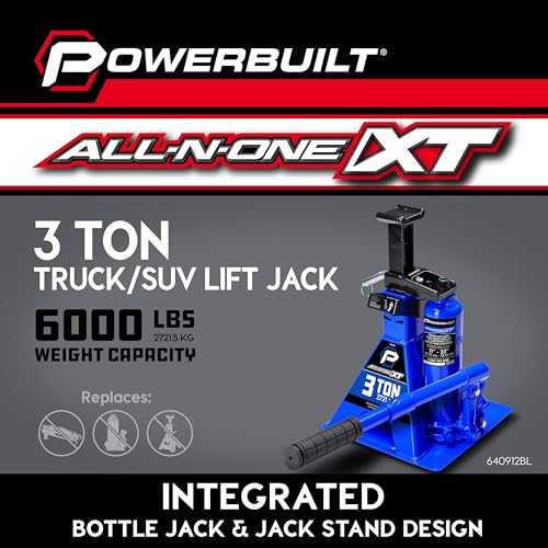 POWERBUILT 3 Ton All-in-One Hydraulic Bottle Jack and Jackstand in One, Compact, Wide Base, 11-21 Inch Range, Eliminates Jackstands, for Trucks, SUVs, RVs, Trailers, ASME, Not for Sedans - 640912 - color: blue
