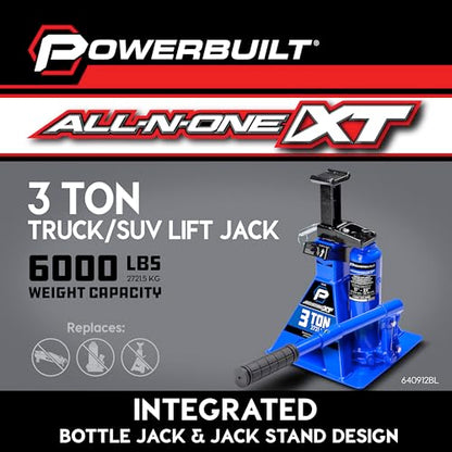 POWERBUILT 3 Ton All-in-One Hydraulic Bottle Jack and Jackstand in One, Compact, Wide Base, 11-21 Inch Range, Eliminates Jackstands, for Trucks, SUVs, RVs, Trailers, ASME, Not for Sedans - 640912 - color: blue