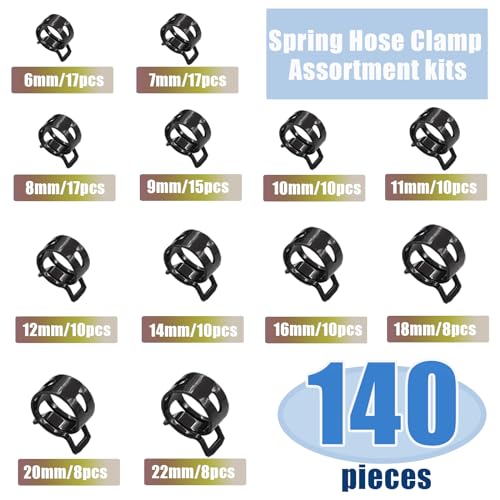 Tnisesm 140 Pcs 12Values 6-22mm Spring Hose Clamp Assortment Kits Silicone Vacuum Hose Action Low Pressure Air Clip Clamp Hoses Clamps sleeving(Black) - size: 140Pcs-12 Sizes-BK