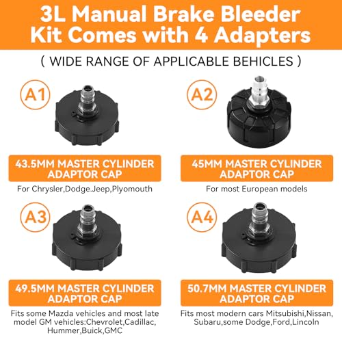 3L Brake Bleeder Kit, Manual Brake Bleeder Vacuum Pump Kit, Brake Fluid Bleeder Kit With 1l Brake Bleeder Bottle And 4 Master Cylinder Adapters, Brake Bleeding Kit Suitable for Most Vehicles