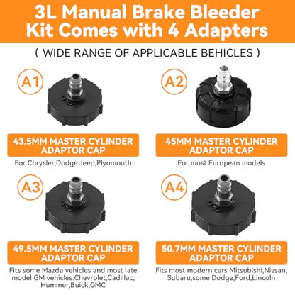 3L Brake Bleeder Kit, Manual Brake Bleeder Vacuum Pump Kit, Brake Fluid Bleeder Kit With 1l Brake Bleeder Bottle And 4 Master Cylinder Adapters, Brake Bleeding Kit Suitable for Most Vehicles