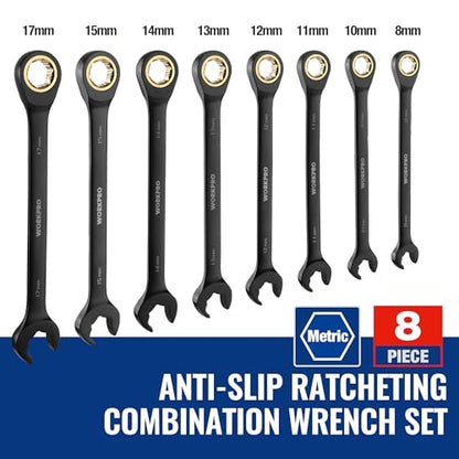 WORKPRO Upgraded 8-piece Anti-Slip Ratcheting Combination Wrench Set with Quick-Slide Open End, 72-Teeth, Cr-V Constructed, Black Metric Wrenches Set with Roll Up Pouch, 8mm-17mm - style: Metric + Quick Release