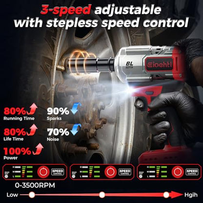Cordless Impact Wrench 885 Ft-lbs (1200N·m), Brushless High Torque 1/2" Impact Gun, 21V 2×4.0Ah Batteries, 3-Mode Speed Control, Impact Wrench with 5 Sockets + Extension Bar for Car, Truck, RV & Mower