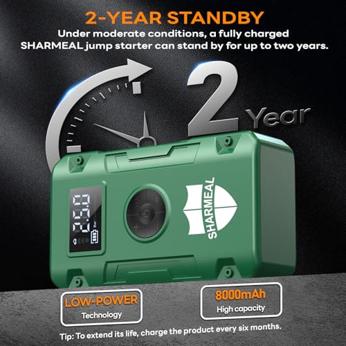 Sharmeal Jump Starter 7000A, 12V Car Battery Jump Starter with Air Compressor (Up to All Gas or 12.0L Diesel Engine), Battery Booster with 3 Modes Flashlight and Jumper Cable - color: Green-7000A+ Air Compressor