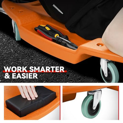 Auto Dynasty 47 Inches Mechanic Creeper, Automotive Garage Repair Low Profile Under Car Rolling Creeper with Padded Headrest, Plastic, Orange - color: Orange