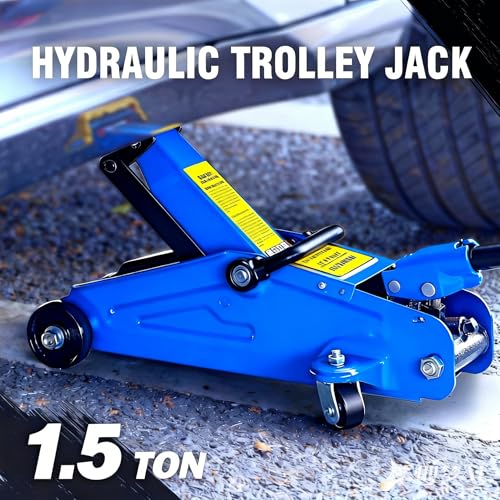 1.5 Ton Low Profile, Aluminum and Steel Racing Floor Jack with Dual Pistons Quick Lift Pump for Sport Utility Vehicle, Lifting Range 3" min to 13" max, Net Weight 14 lb, Blue