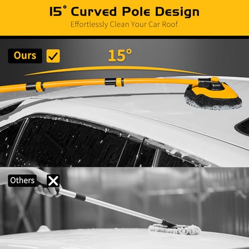 Ordenado 15°Curved Car Wash Brush with Long Handle, 43" Car Cleaning Brush with Extension Pole, Microfiber RV Wash Mop Scratch-Free, Exterior Washer Mop for Washing Roof Truck Camper SUV Caravan Boat - color: Black and Yellow