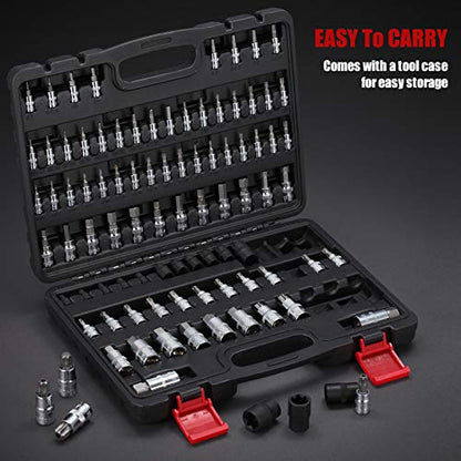 92-Piece Allen and Torx Bit Socket Set, 1/4" 3/8" and 1/2" Drive Tamper Proof Torx/Hex SAE & Metric Bit Set