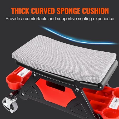 Mechanics Stool, 300 LBS Capacity Rolling Mechanic Seat with 4" Wheels, with Three Slide Out Tool Trays and Drawer, Heavy Duty Roller Creeper Seat for Home Garage DIY Automotive