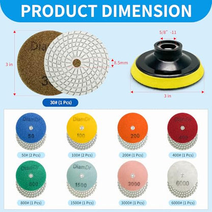 Diamond Polishing Pads Set 3 Inch Tile Wet Dry Polishing Pads Kit | Including 5/8-11 Backer Pad for Drill Grinder Polisher,30-6000 Grit Granite Stone Concrete Marble Polish 12 pcs - size: 3-inch
