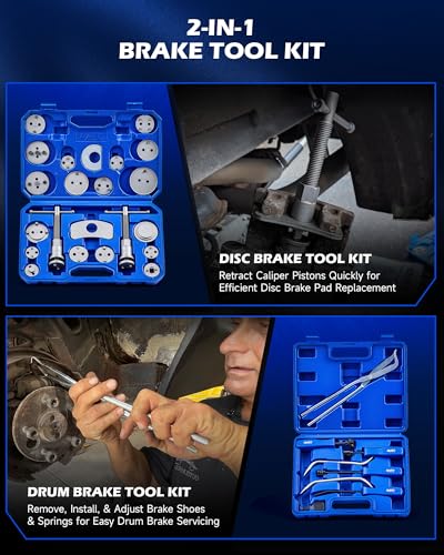 Orion Motor Tech 32pc Dual Brake Tools, 2 in 1 Caliper Compression Tool and Drum Brake Tool Kit, Brake Caliper Tool Kit and Drum Brake Tool with Brake Spring Tool Compressor Pliers Installer Remover | Structural-Grade Steel; Black Oxide Chrome Finish; Pis