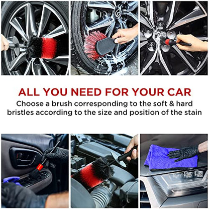 TAKAVU Car Wheel Detailing Kit, 8pcs, Scratch-Free 17in Barrel Brush | Includes Tire Scrubber, 5 Detail Brushes & Towel, Cleans Rims, Interior & Exterior, Safe Wheel Cleaner