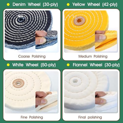 8Pcs 6 Inch Polishing Buffing Wheel Kit for Bench Grinder | 1/2" Arbor Hole Buffing Wheels with 3 Polishing Compound and Gloves for Metal,Stainless Steel,Jewelry,Wood,Glass,Ceramic ect - size: 6 Inch