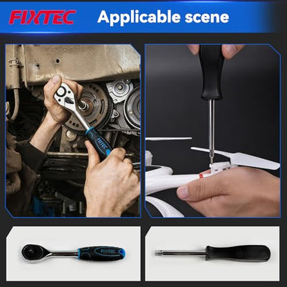 FIXTEC 31 Piece 1/4-Inch Drive Socket Ratchet Wrench Set, SEA and Metric Mechanics Tool Set with Quick Ratchet Handle (72-Tooth), Screwdriver Bit Set, Extension Bars, Universal Joint & Adapter