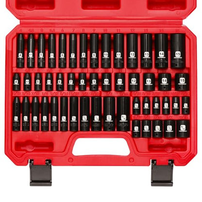 MIXPOWER 50 Pieces 1/4" Dr. Impact Socket Set, CR-V, 6 Point, SAE/Metric, 5/32 Inch - 9/16 Inch, 4mm - 15mm, Shallow/Deep - size: 1/4" Without Accessories