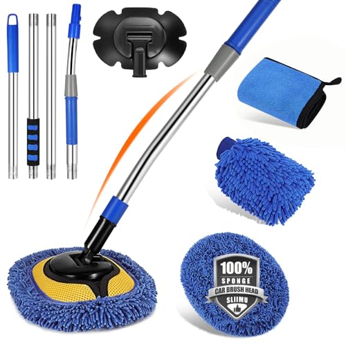 Car Wash Mop Set, Max 66" Car Wash Brush, for RV, SUV, Truck Cleaning Mop | 15° Curved Extension Pole, Includes Replacement Brush Heads, Towels, and Car Wash Gloves—Soft Car Wash Mop Cleaning Tool Set