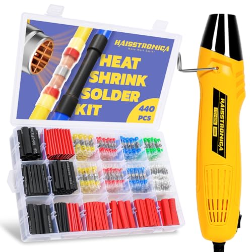 haisstronica 440 PCS All in One Set with Solder Seal Wire Connectors,3:1 Heat Shrink Tubing and Heat Gun,Solder Sticks Wire Terminals Electrical Connectors for Automotive, Marine, Trailer Wiring - size: 440 PCS