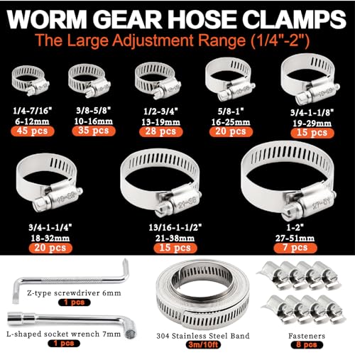 185Pcs Stainless Steel Hose Clamps Assortment Kit 1/4"to 2"(6-51mm)+10FT Metal Strap+8Pcs Fasteners Adjustable Worm Gear Hose Clamps for Automotive/Garden/Water Pipe/Sprinkler Line/Fuel Line - size: 185pcs+10ft