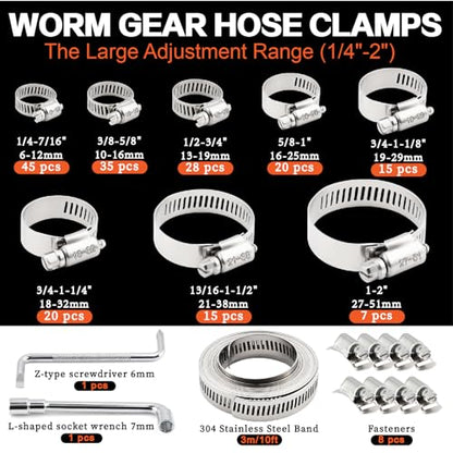 185Pcs Stainless Steel Hose Clamps Assortment Kit 1/4"to 2"(6-51mm)+10FT Metal Strap+8Pcs Fasteners Adjustable Worm Gear Hose Clamps for Automotive/Garden/Water Pipe/Sprinkler Line/Fuel Line - size: 185pcs+10ft