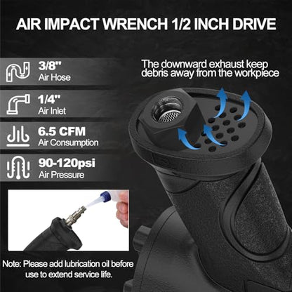 Trivd Frol Air Impact Wrench 1/2" - 1/2 Inch Impact Gun 1/2 Drive, 1500Ft-lbs, 8000RPM High Torque Impact Wrench, Weight 4.74 lb, 1/2 Air Impact Gun for Auto Repair, Tire Shop - style: 1/2 inch Air impact wrench