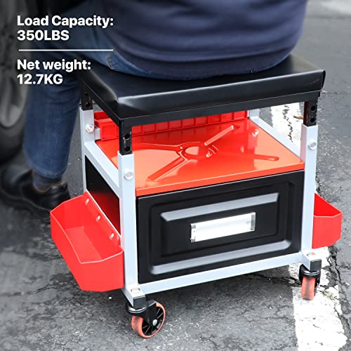 DNA Motoring TOOLS-00198 Adjustable Height Mechanics Roller Seat Creeper Stool With Padded Cushion, Tool Storage Drawer & Tray, 350 Lbs Max Weight Capacity - color: BLACK/RED