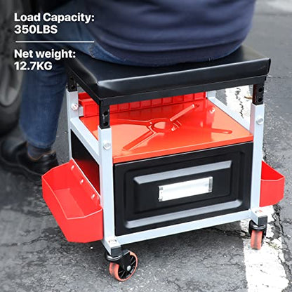 DNA Motoring TOOLS-00198 Adjustable Height Mechanics Roller Seat Creeper Stool With Padded Cushion, Tool Storage Drawer & Tray, 350 Lbs Max Weight Capacity - color: BLACK/RED