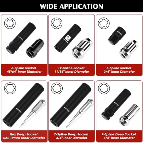 MIXPOWER 8PCS Spline Socket Set,SAE & Metric Lug Nut Key Set for Easy Removal of Locking Lug Nuts on Aftermarket 5, 6, 7, 12 Spline and Hex Style - size: 8PCS