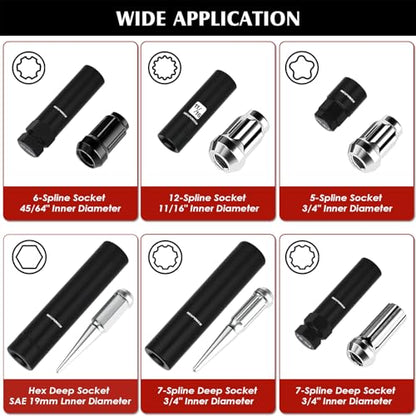 MIXPOWER 8PCS Spline Socket Set,SAE & Metric Lug Nut Key Set for Easy Removal of Locking Lug Nuts on Aftermarket 5, 6, 7, 12 Spline and Hex Style - size: 8PCS