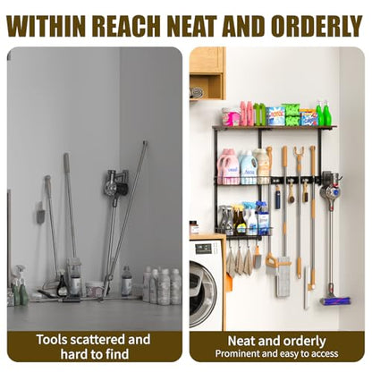 Broom Holder Wall Mount，Mop Rack With Storage Basket,Diversity Laundry Room Cleaning Tool Storage container，Suitable Family Garage Kitchen Organization Wall-Mounted Rack (Black, Medium)