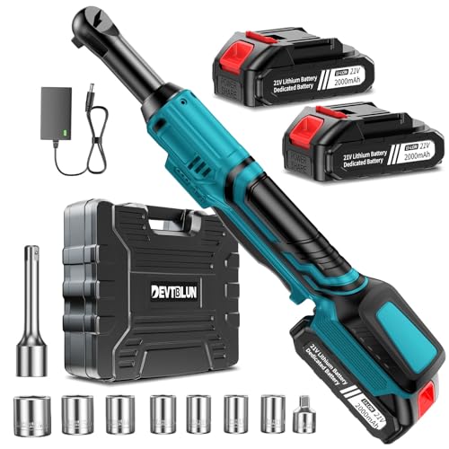 21V Electric Ratchet Wrench Set,60FT-LBS (80N.m) Extended Cordless Ratchet Wrench with 2x 2.0Ah Battery,3/8" 400 RPM Variable Speed Power Ratchet Driver Set with 7 Sockets,1/4 Adaptor, 3"Extension Bar - color: Blue